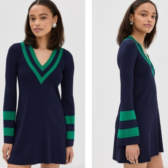 NEW Staud Sunshine  Dress Size XL Blue Green Trim Knit Woven Mini Dress - Picture 10 of 15